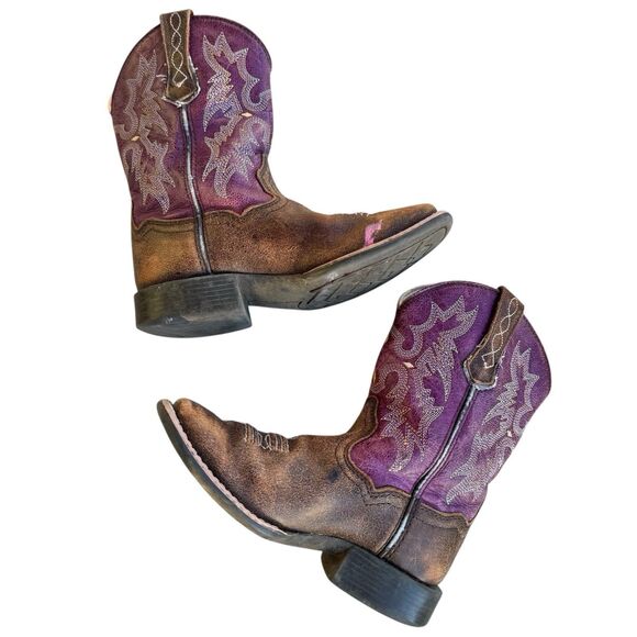 Ariat Western Boots Girls 10 Purple Leather Tombstone Wide Square Toe Embroidery - Picture 5 of 13